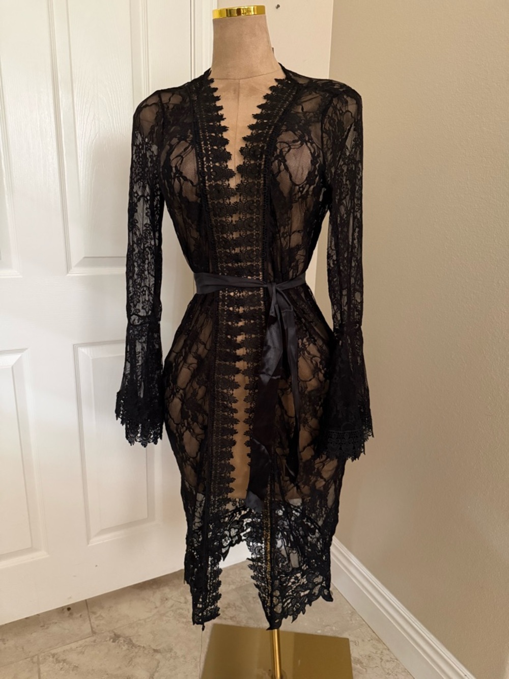 Black Lace Sheer Robe with Satin Tie